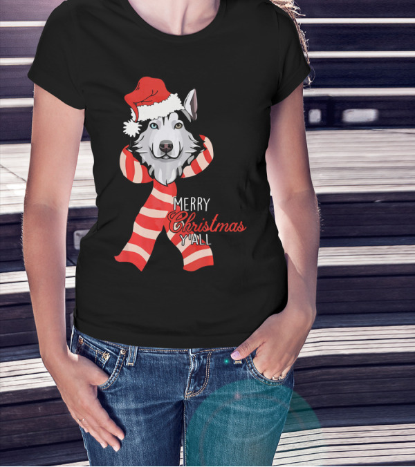 Merry Christmas Y'all Husky Dog In Santa Hat And Scarf T-Shirt