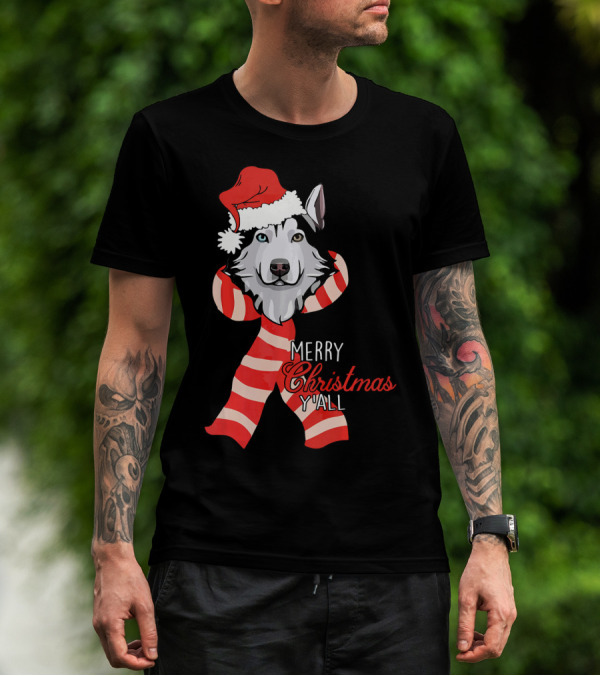Merry Christmas Y'all Husky Dog In Santa Hat And Scarf T-Shirt