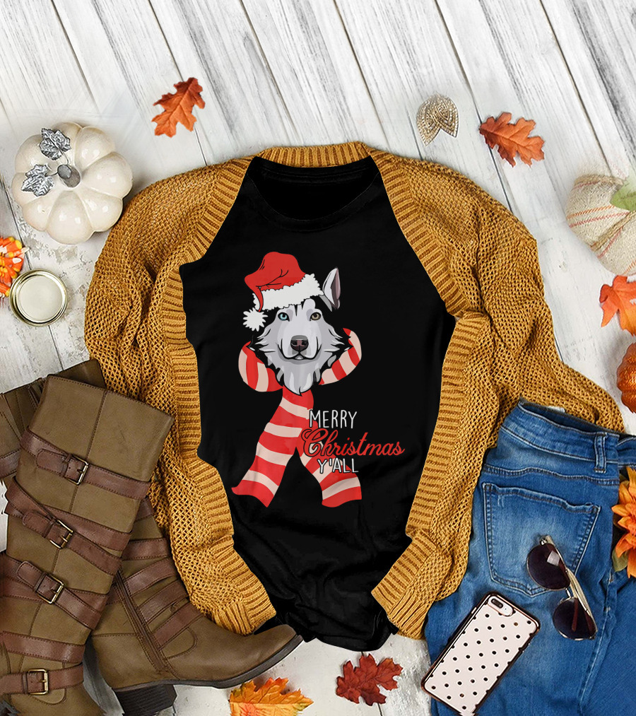 Merry Christmas Y'all Husky Dog in Santa Hat and Scarf T-Shirt