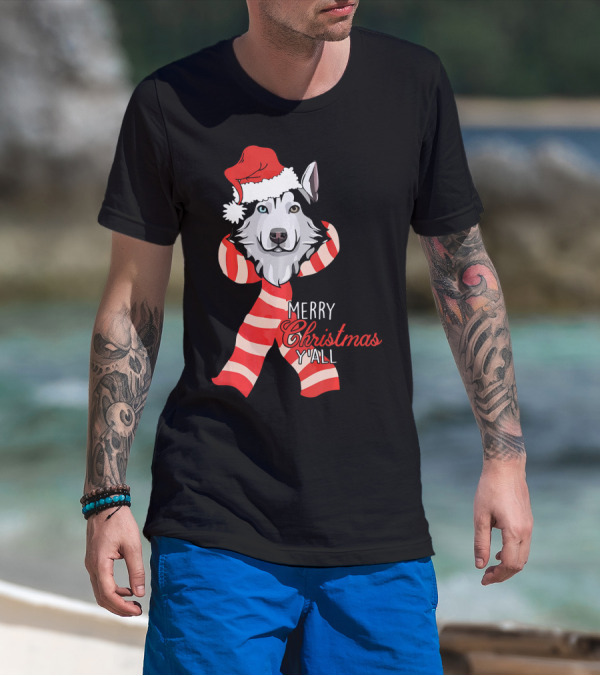 Merry Christmas Y'all Husky Dog In Santa Hat And Scarf T-Shirt