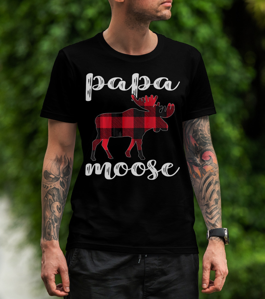 Papa Moose Matching Family Christmas Clo Buffalo Plaid Moose T-Shirt