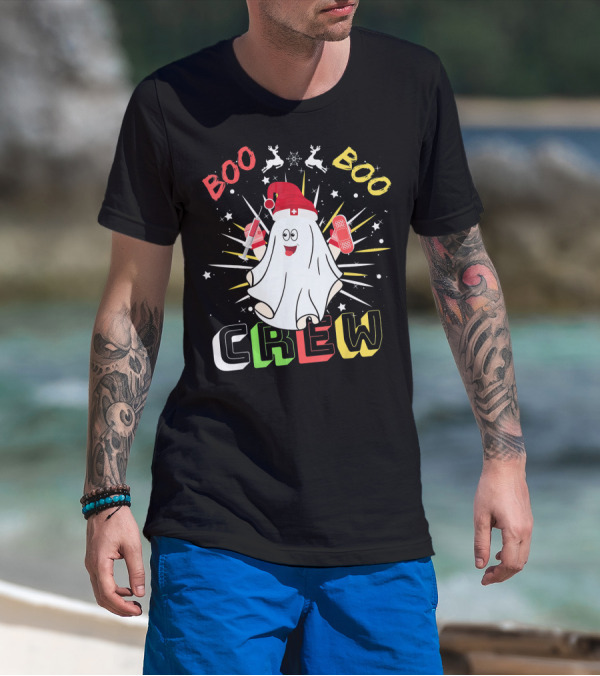 Boo Boo Crew Christmas Nurse Ghost With Bandages And Reindeer T-Shirt