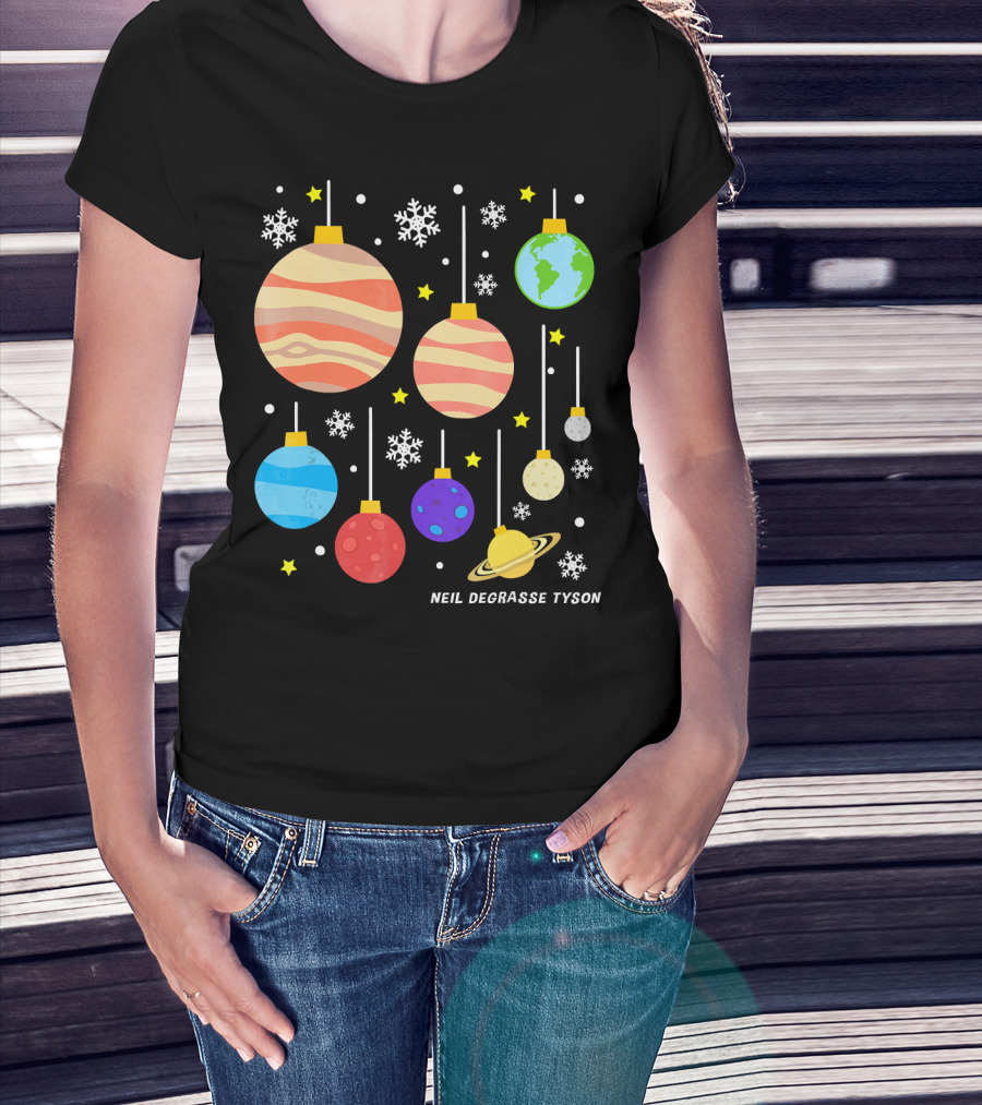 Neil DeGrasse Tyson Planets Hanging Ornaments Snowflakes Stars T-Shirt