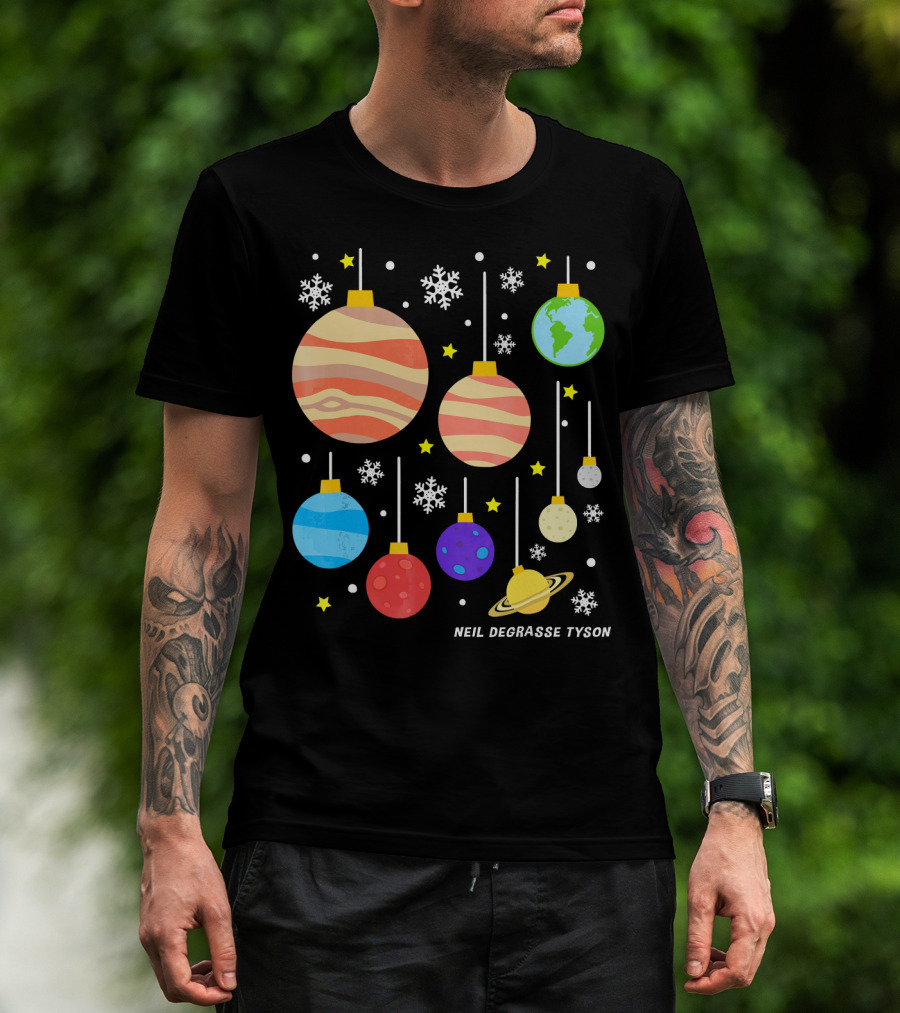 Neil DeGrasse Tyson Planets Hanging Ornaments Snowflakes Stars T-Shirt