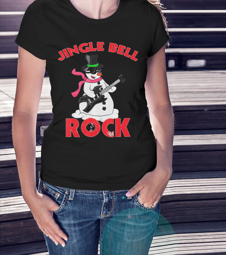 Jingle Bell Rock Snowman Playing Guitar With Top Hat And Scarf T-Shirt