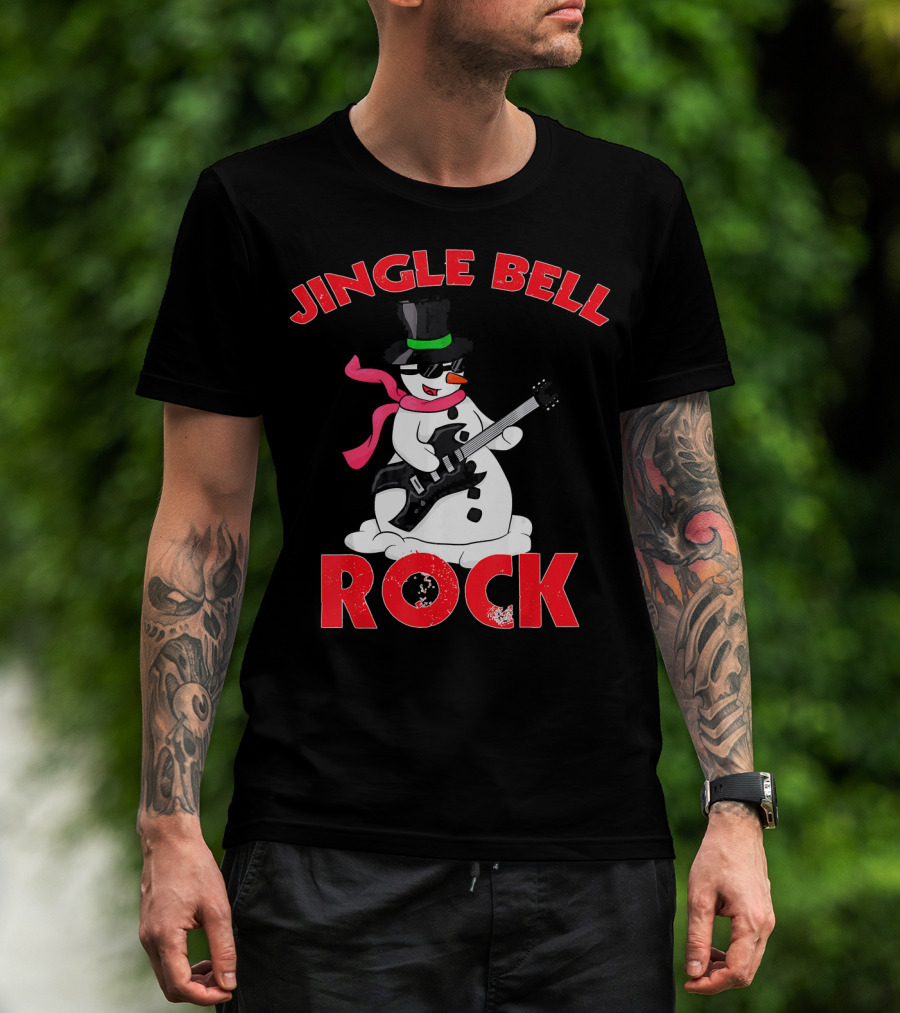 Jingle Bell Rock Snowman Playing Guitar With Top Hat And Scarf T-Shirt