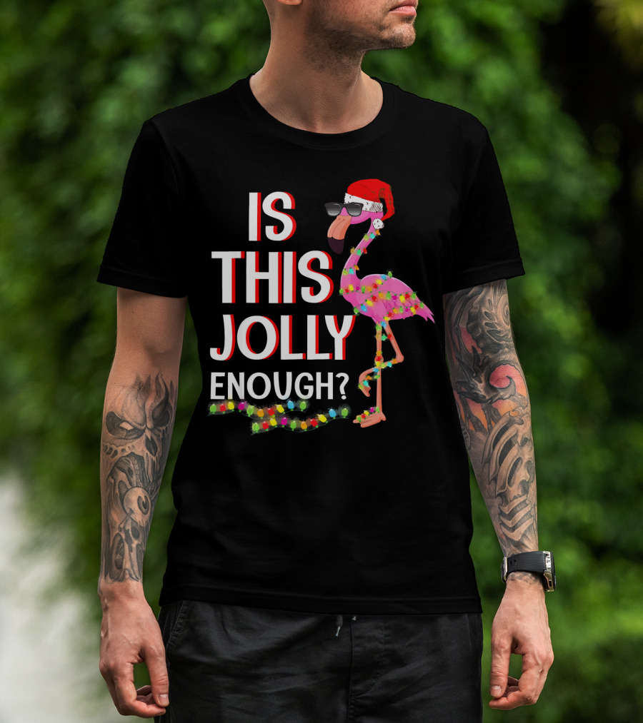 Is This Jolly Enough Flamingo Christmas Lights Santa Hat Sunglasses T-Shirt