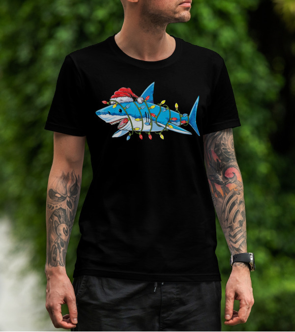 Christmas Shark With Santa Hat And Holiday Lights T-Shirt