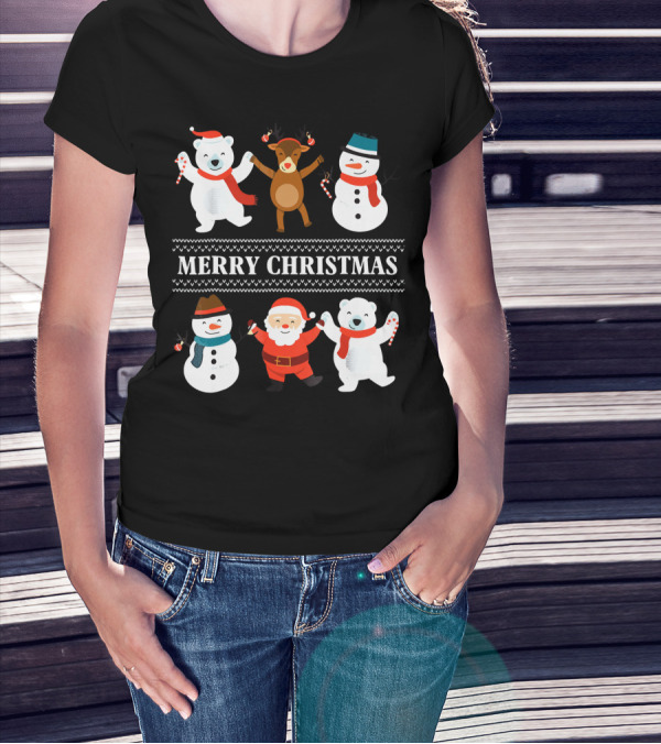 Merry Christmas Bears Snowmen Reindeer Santa Claus T-Shirt