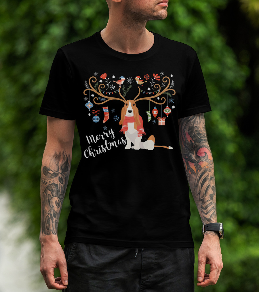 Merry Christmas Basset Hound Reindeer Antlers Ornaments T-Shirt