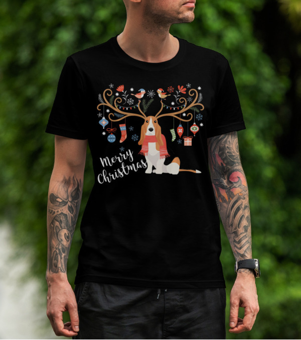 Merry Christmas Basset Hound Reindeer Antlers Ornaments T-Shirt