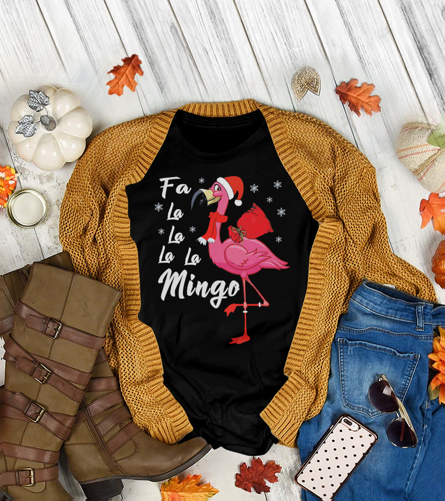 Fa La La La La Mingo Flamingo Santa Hat Snowflakes T-Shirt