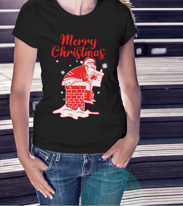 Merry Christmas Santa Pooping Naughty List Snowflakes Chimney T-Shirt