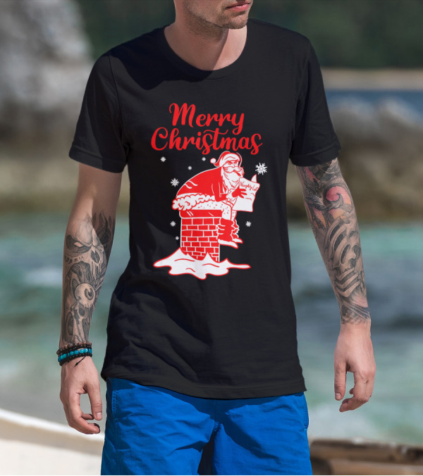 Merry Christmas Santa Pooping Naughty List Snowflakes Chimney T-Shirt