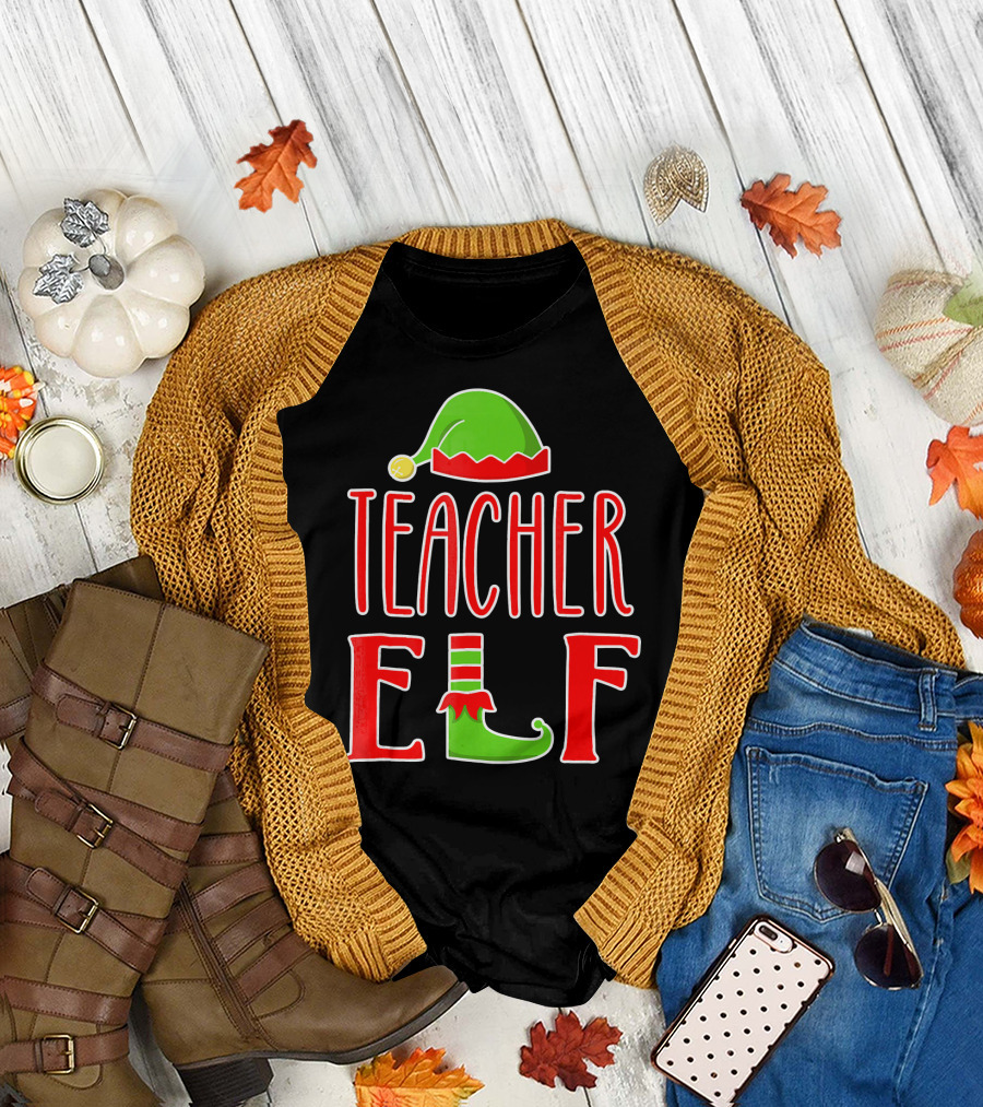 Teacher Elf Christmas Hat and Shoe Holiday T-Shirt