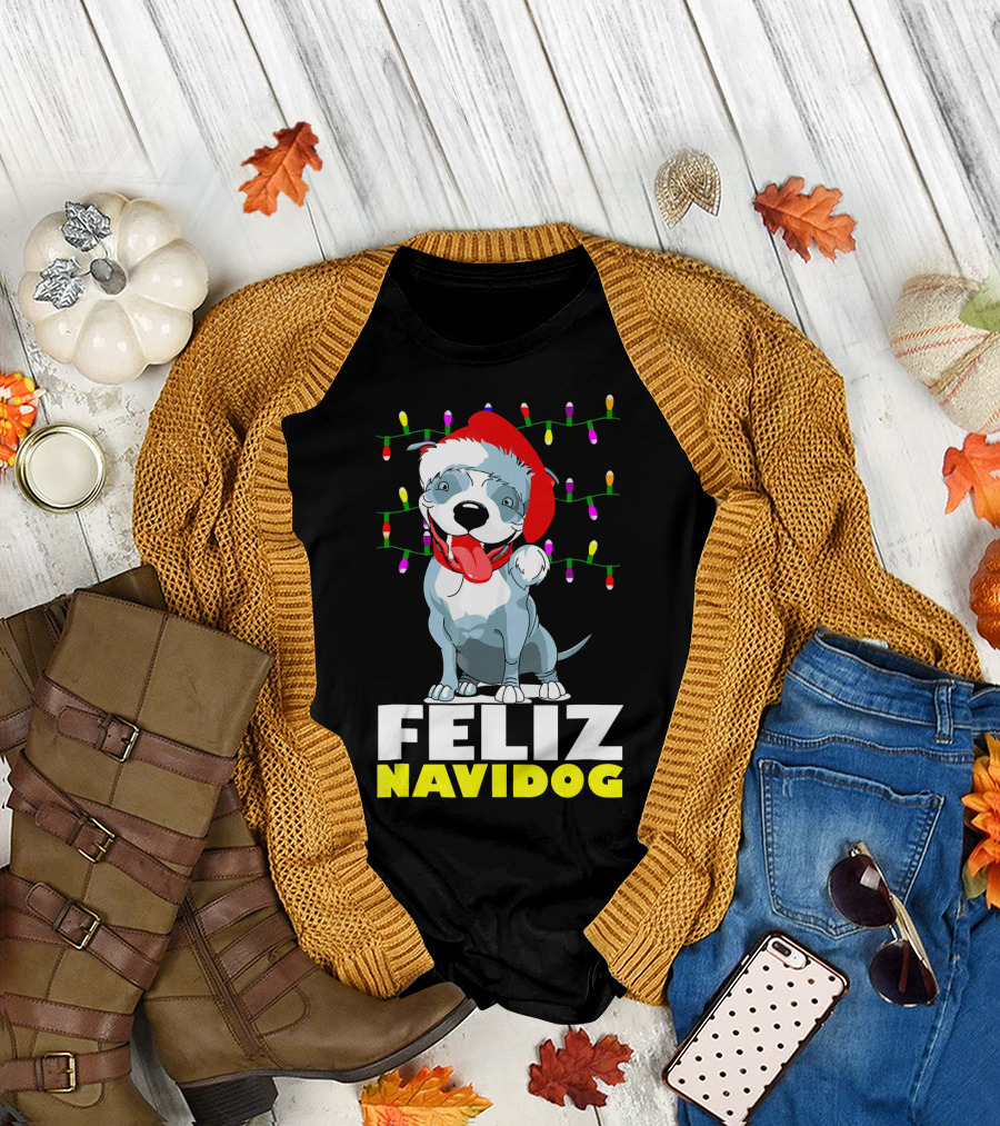 Feliz Navidog Pitbull in Santa Hat with Christmas Lights T-Shirt