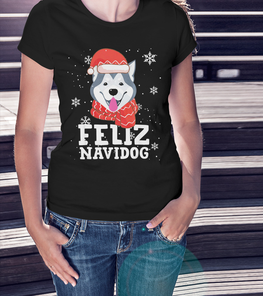 Feliz Navidog Husky Siberian Dog Festive Holiday Santa Hat And Snowflakes T-Shirt