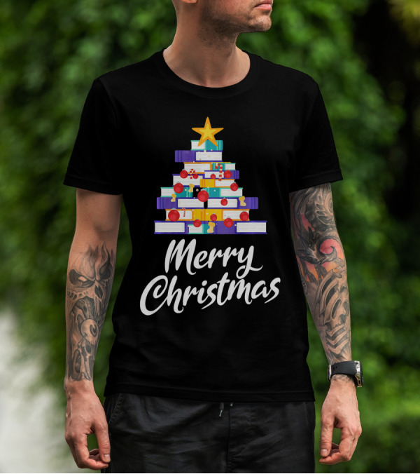 Merry Christmas Tree Stack Of Books Holiday Decor T-Shirt