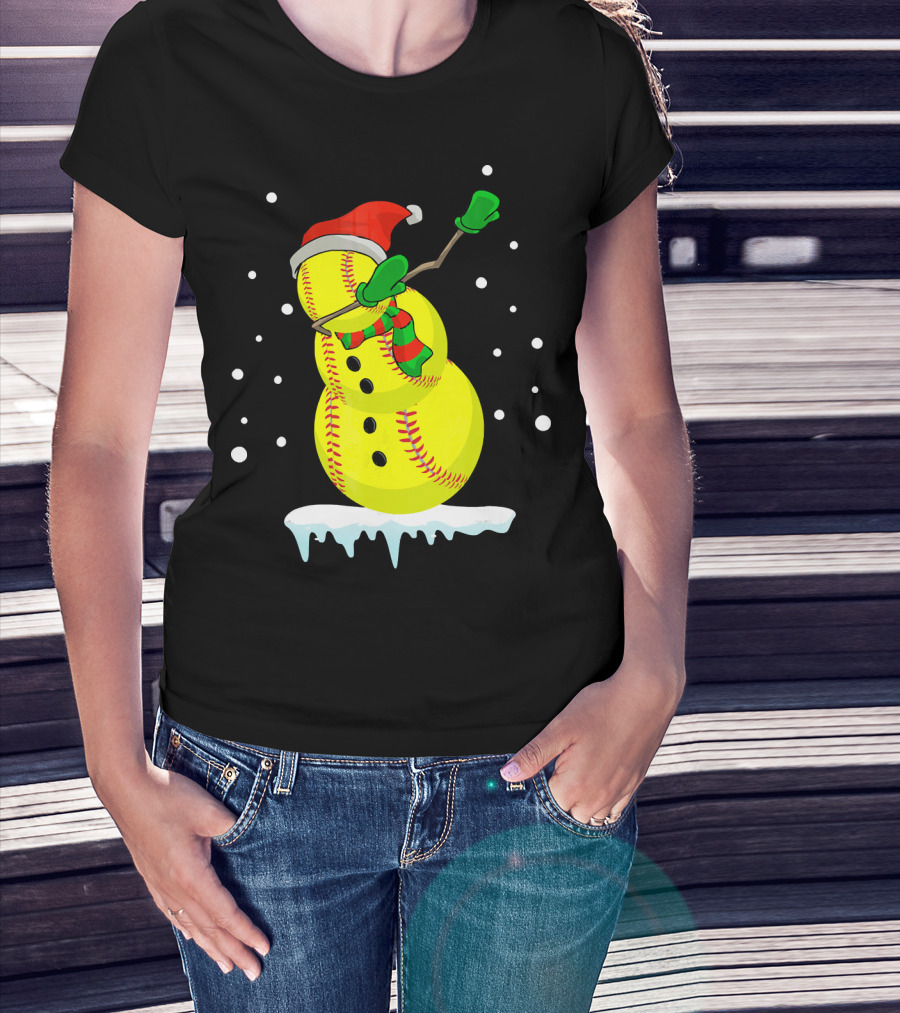 Dabbing Snowman Softball Christmas Fun T-Shirt