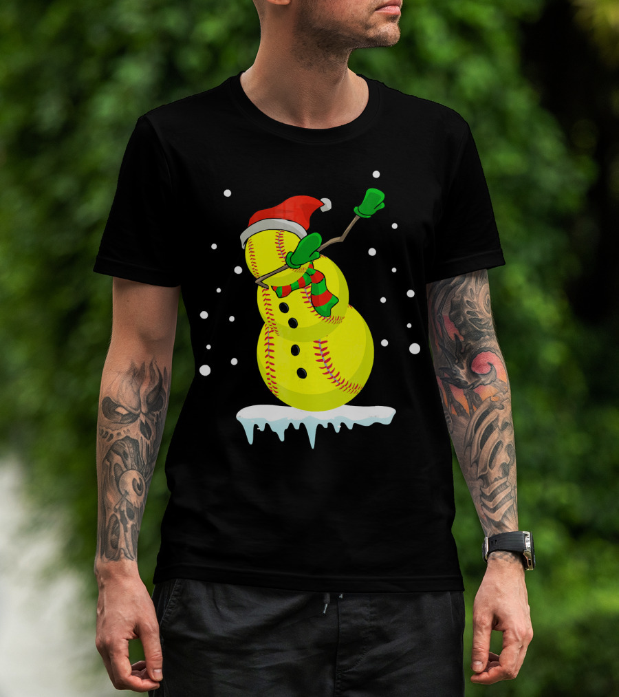 Dabbing Snowman Softball Christmas Fun T-Shirt