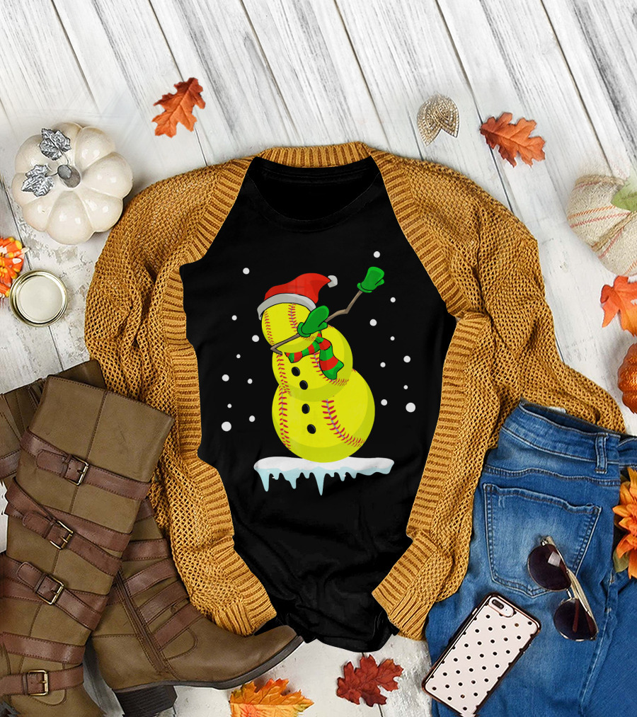 Dabbing Snowman Softball Christmas Fun T-Shirt