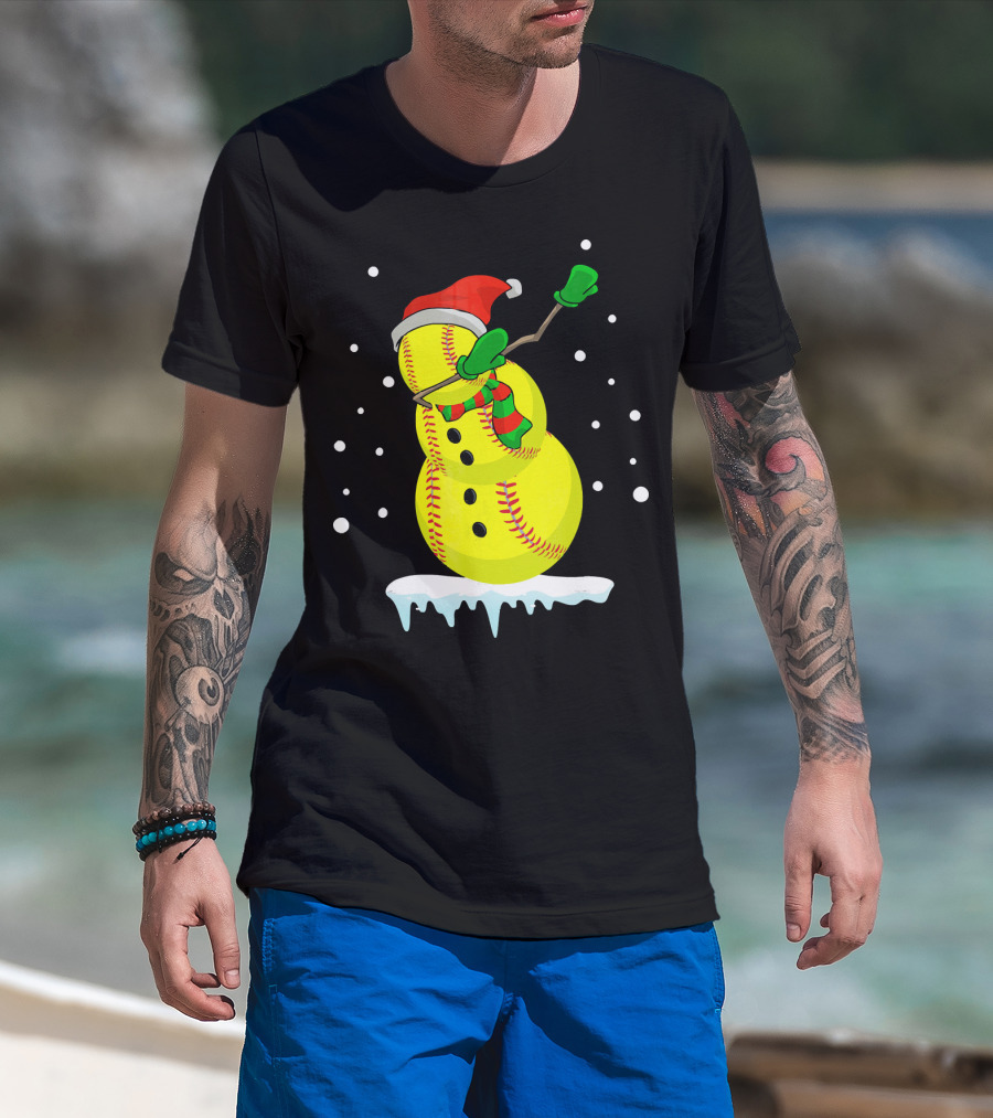 Dabbing Snowman Softball Christmas Fun T-Shirt