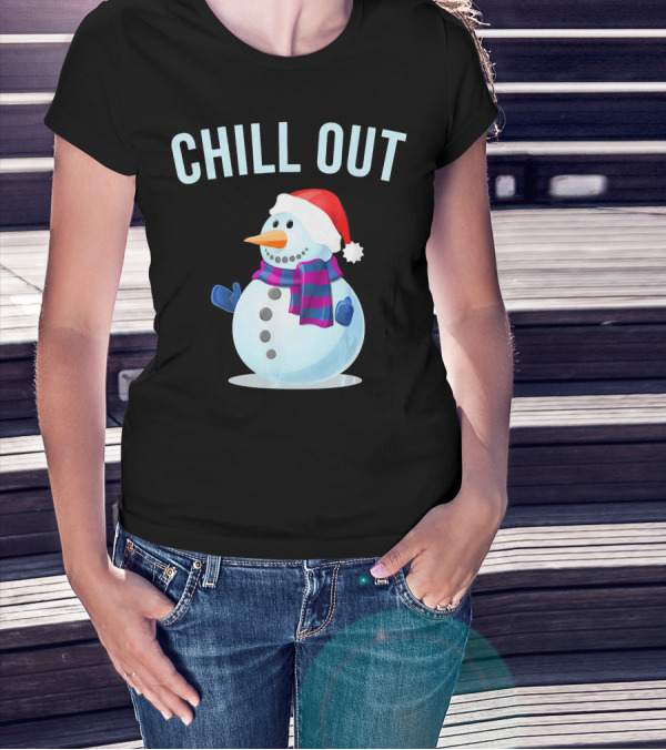 Chill Out Snowman Santa Hat And Scarf Winter Vibes T-Shirt