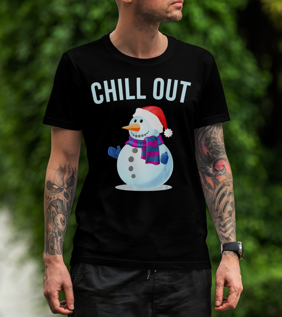 Chill Out Snowman Santa Hat And Scarf Winter Vibes T-Shirt