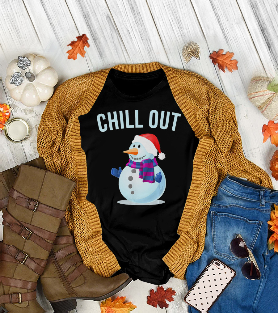 Chill Out Snowman Santa Hat And Scarf Winter Vibes T-Shirt