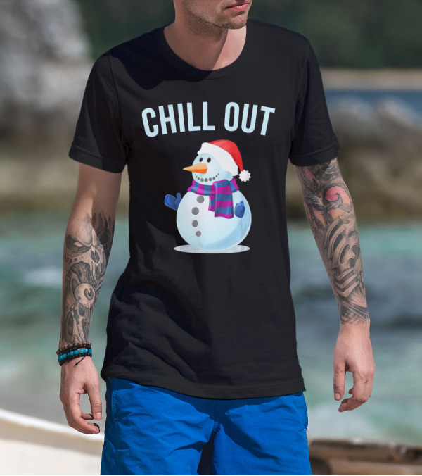Chill Out Snowman Santa Hat And Scarf Winter Vibes T-Shirt