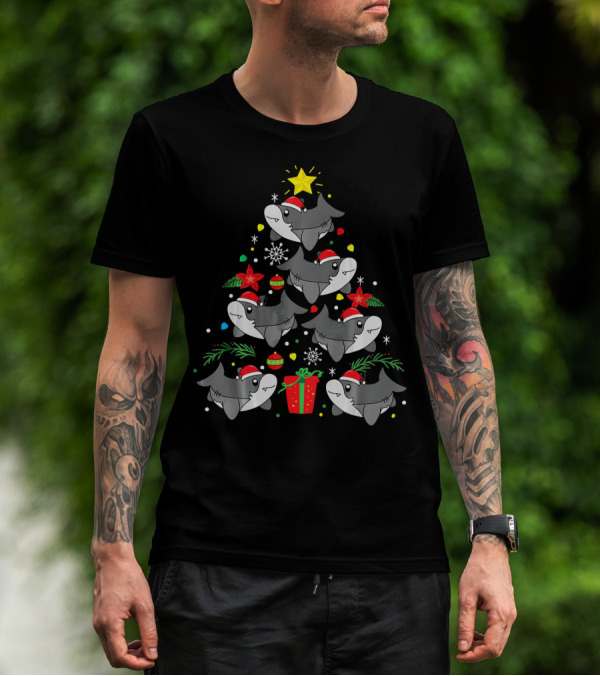 Shark Christmas Tree With Santa Hats And Ornaments T-Shirt