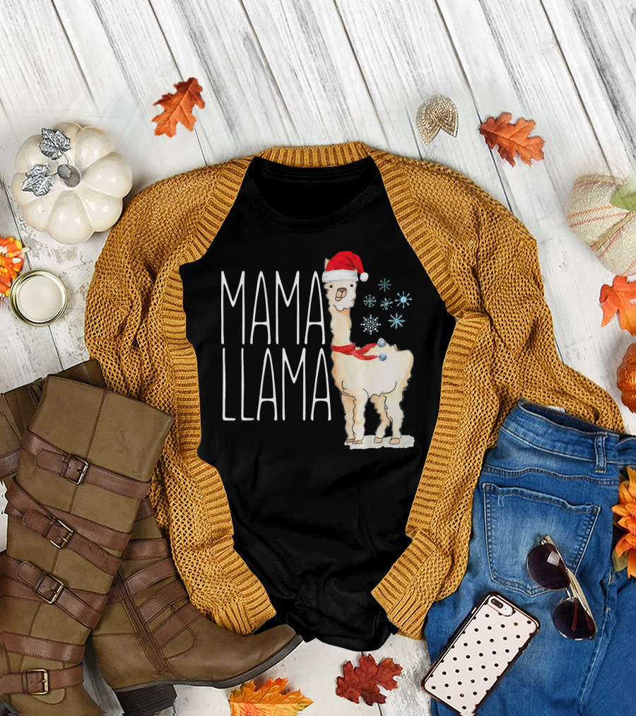 Mama Llama Christmas Snowflakes Santa Hat T-Shirt