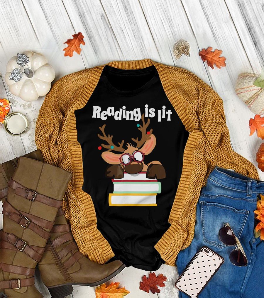 Reading is Lit Reindeer with Books and Glasses T-Shirt