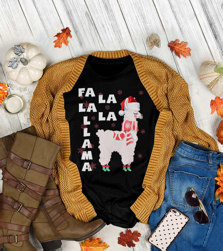 FA LA LA LA LLAMA Santa Christmas Fun with Festive Llama and Snowflakes T-Shirt