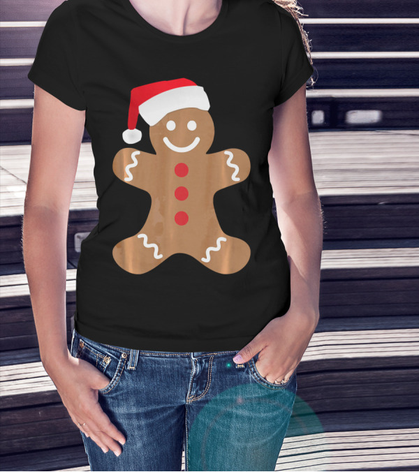 Gingerbread Man With Santa Hat Christmas T-Shirt