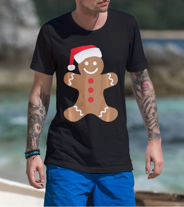Gingerbread Man With Santa Hat Christmas T-Shirt