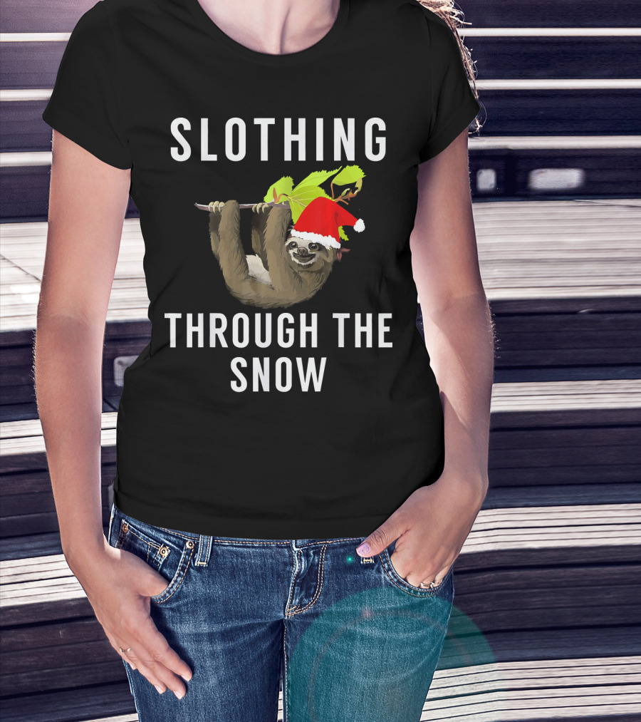 Sloth Wearing Santa Hat Hanging On Branch With Slothing Through The Snow T-Shirt