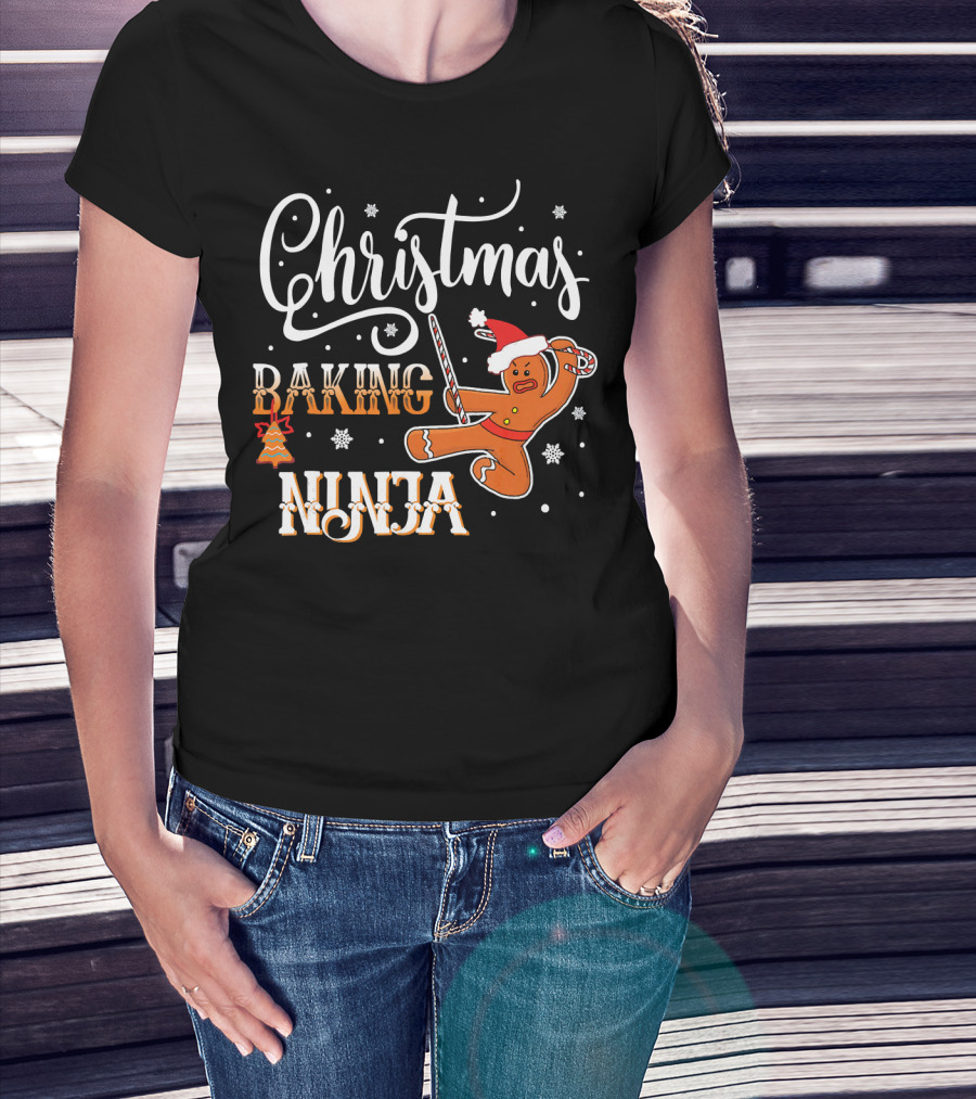 Christmas Baking Ninja Gingerbread With Santa Hat And Candy Cane T-Shirt