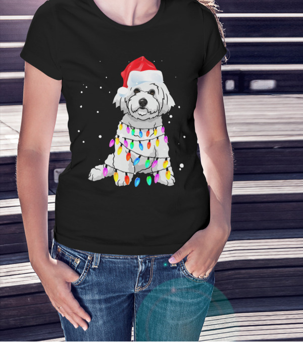 Bichon Frise With Christmas Lights And Santa Hat T-Shirt