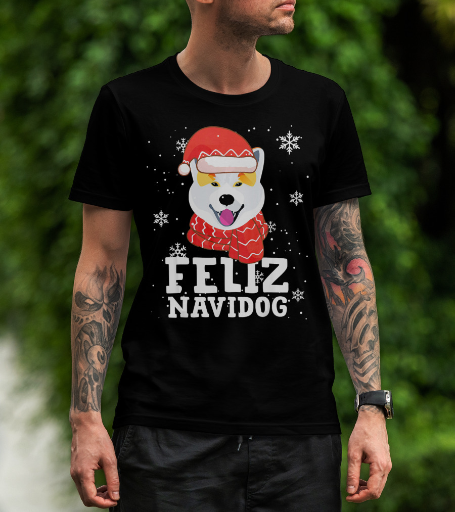 Feliz Navidog Shiba Inu Santa Hat Snowflakes T-Shirt