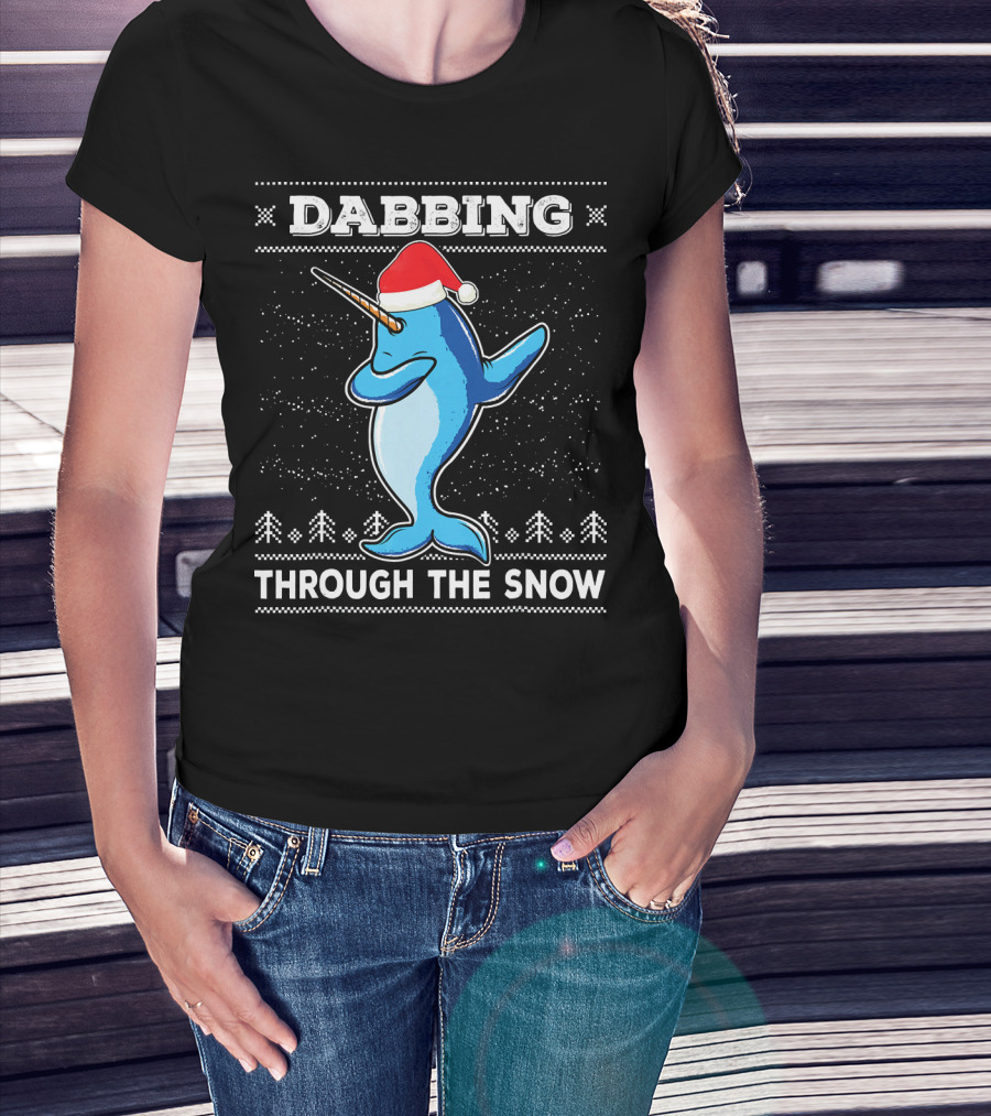 Dabbing Through The Snow Narwhal With Santa Hat T-Shirt