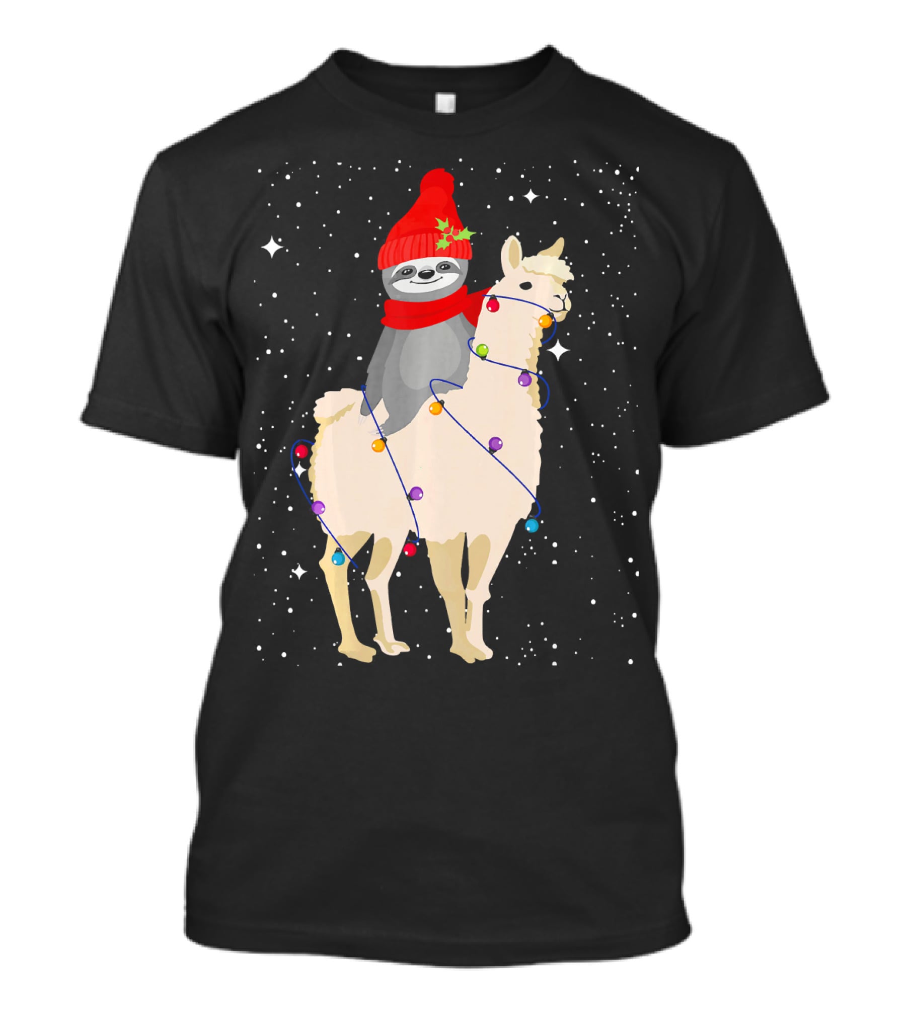 Sloth In Red Beanie And Scarf Riding Llama With Christmas Lights T-Shirt