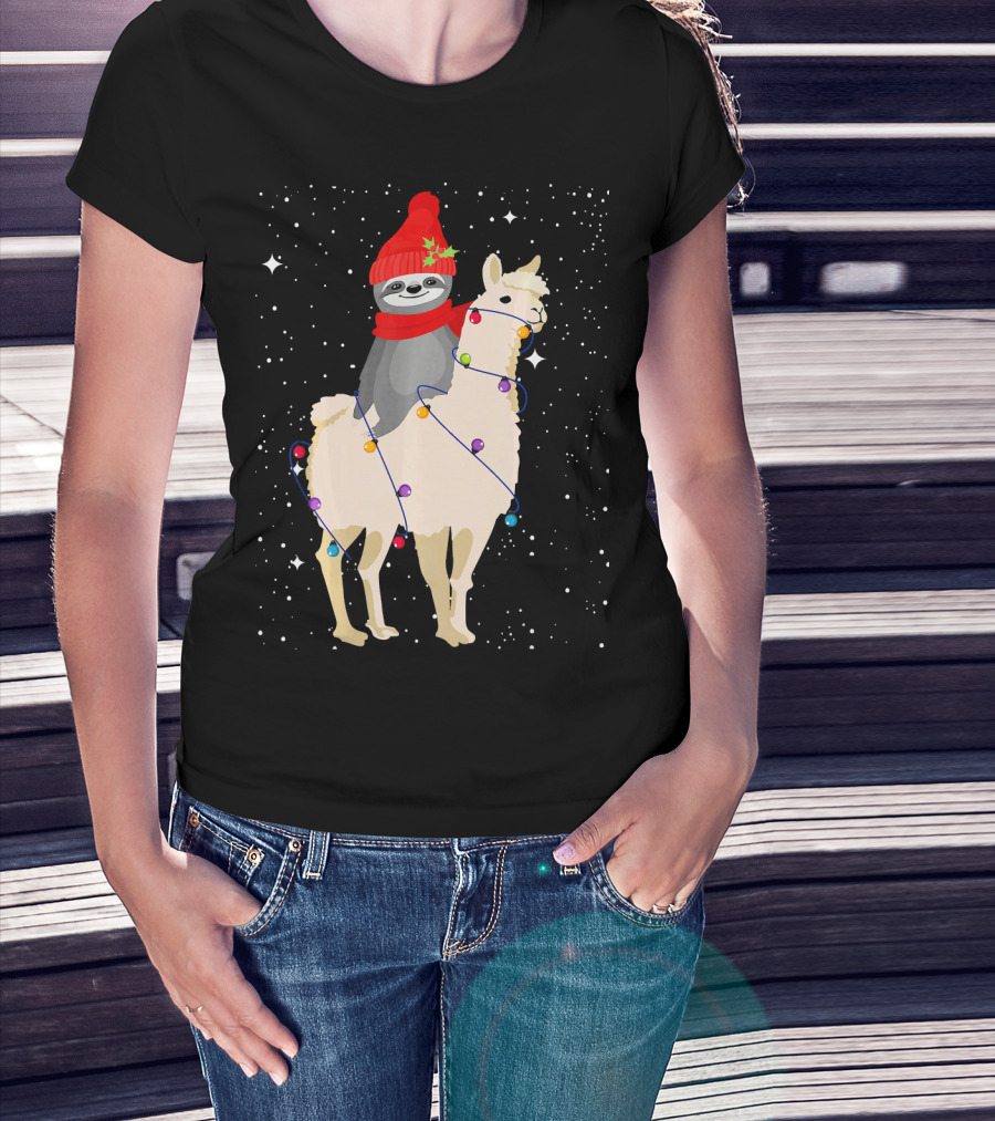 Sloth In Red Beanie And Scarf Riding Llama With Christmas Lights T-Shirt