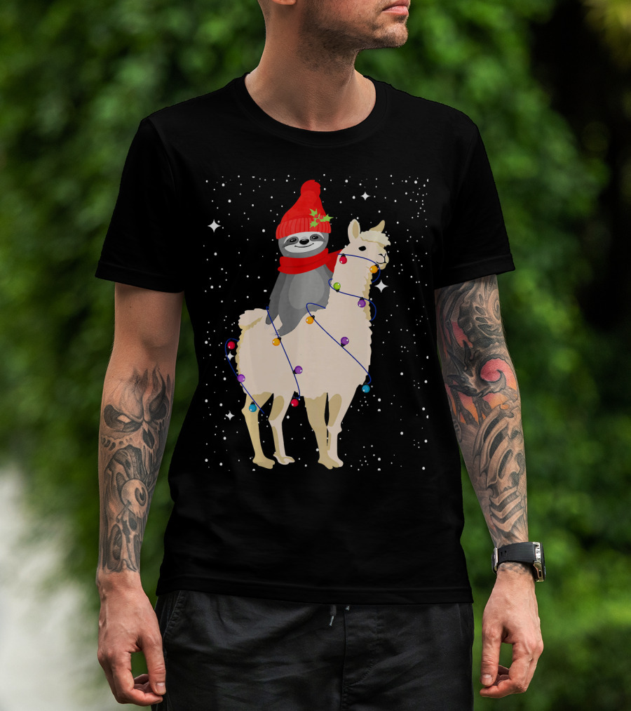 Sloth In Red Beanie And Scarf Riding Llama With Christmas Lights T-Shirt