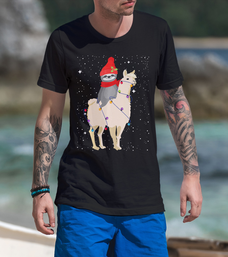 Sloth In Red Beanie And Scarf Riding Llama With Christmas Lights T-Shirt