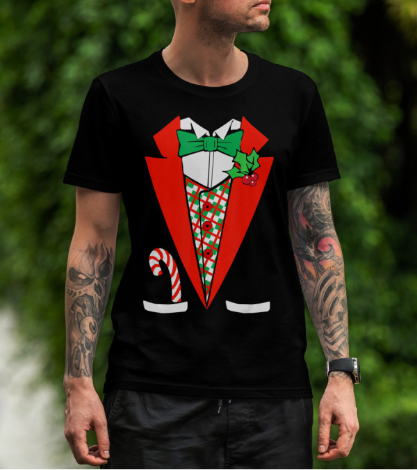 Candy Cane Green Red Tuxedo With Holly Bow Tie T-Shirt