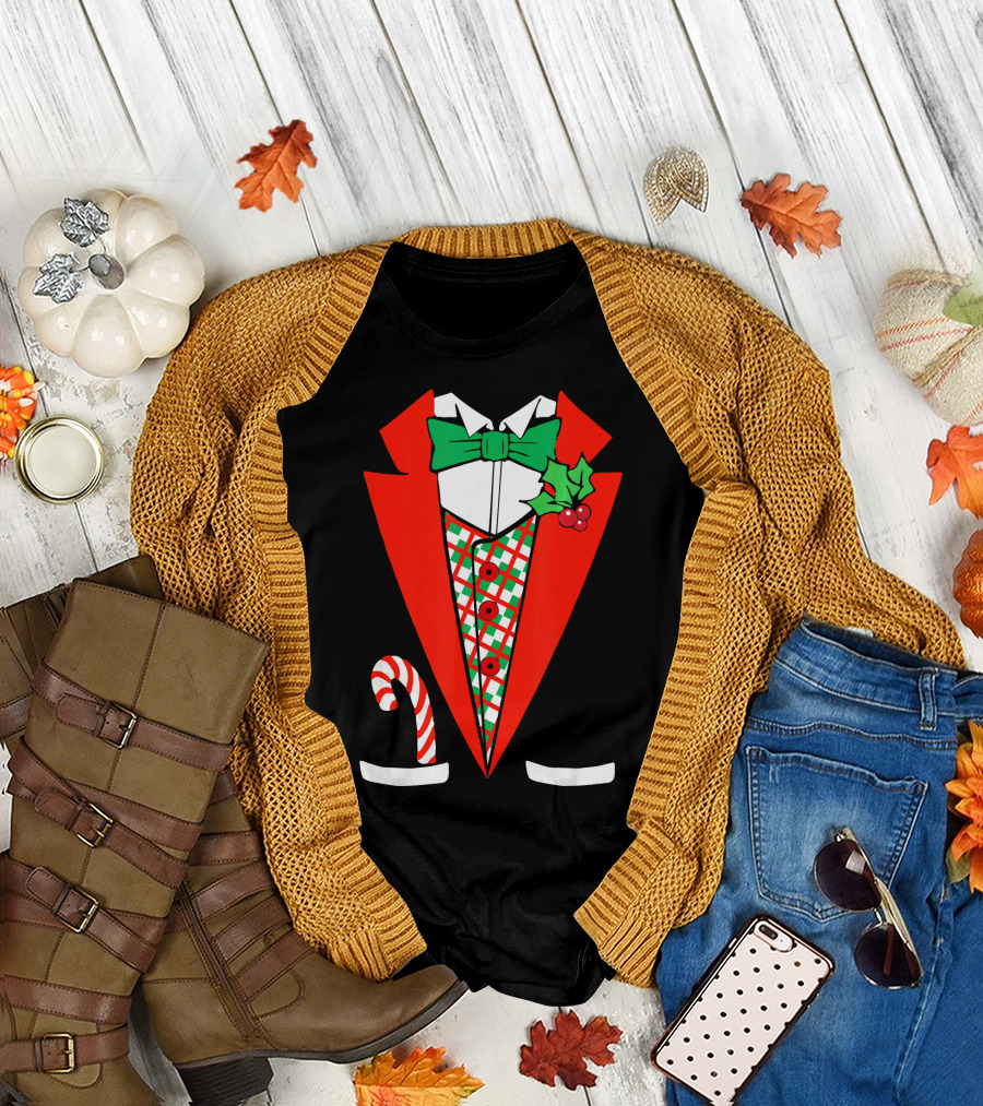 Candy Cane Green Red Tuxedo with Holly Bow Tie T-Shirt