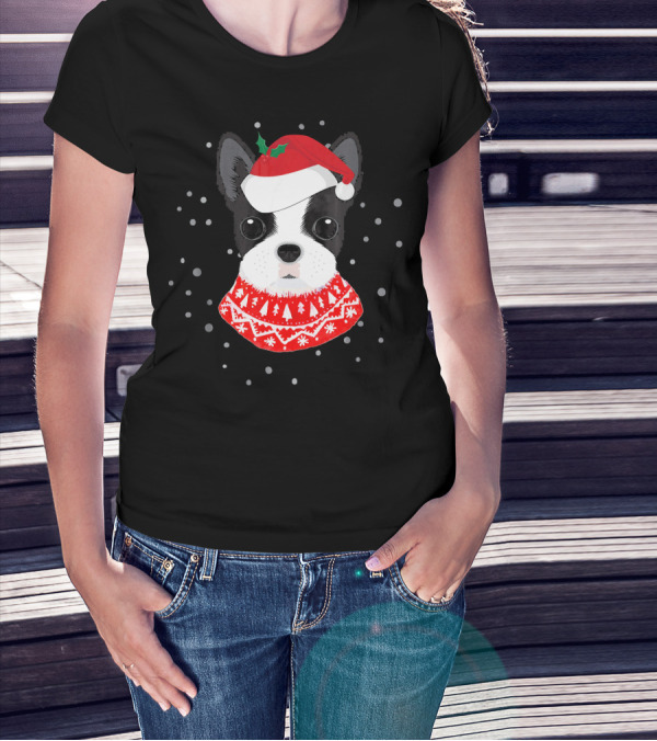 Boston Terrier In Santa Claus Hat With Festive Sweater And Snowflakes T-Shirt