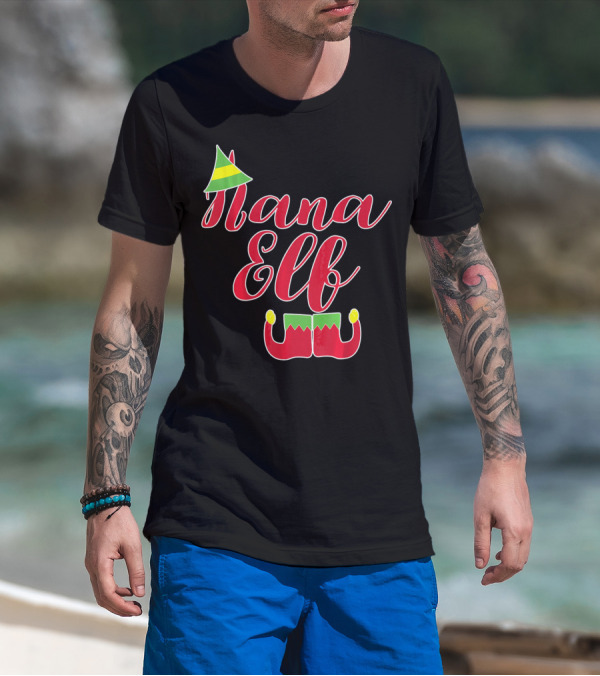 Nana Elf Funny Christmas With Elf Hat And Shoes T-Shirt