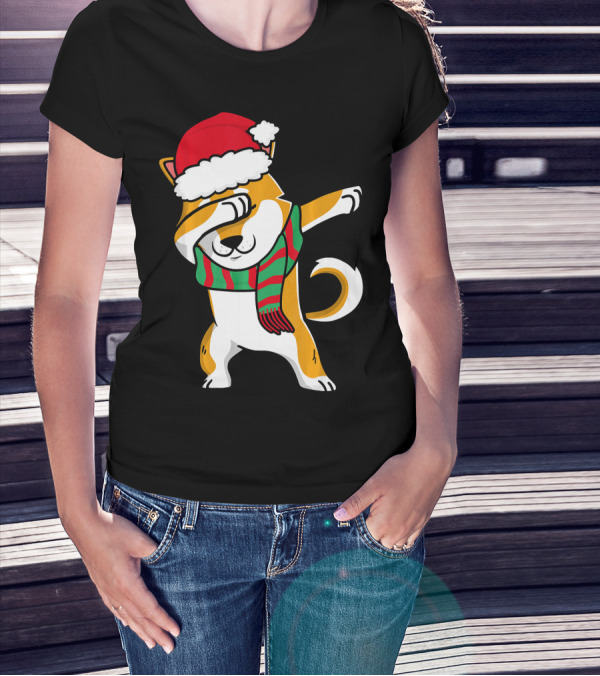 Dabbing Shiba Dog Christmas Santa Hat Scarf T-Shirt